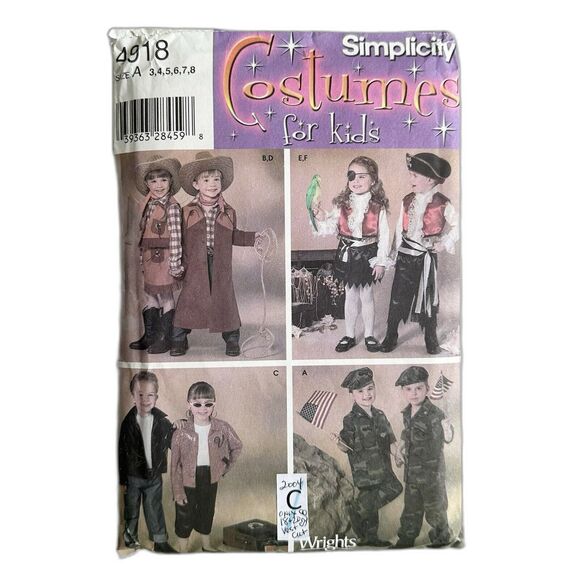 Simplicity 4918 Halloween Costume Pattern Kid Pirate Cowboy 50's Army Size 3-8 - Picture 1 of 2